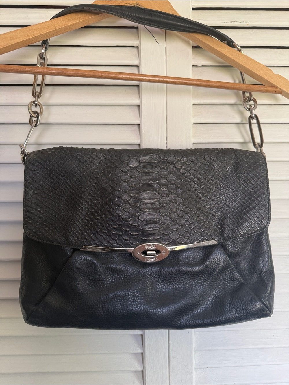 Coach Black Leather Shoulder Bag with Snakeskin-Texture Flap